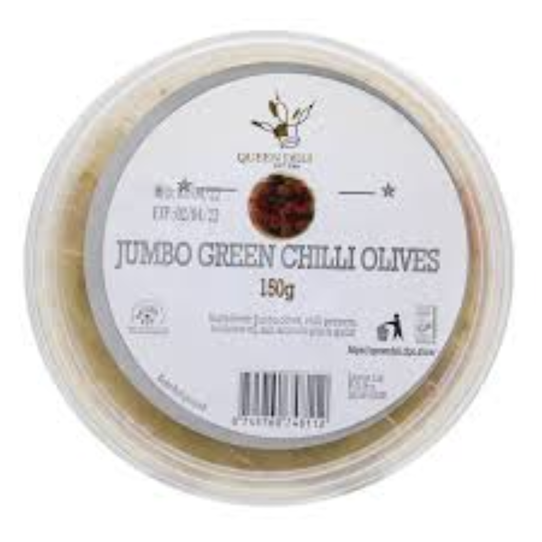 QUEEN DELI JUMBO GREEN CHILLY OLIVES 150G